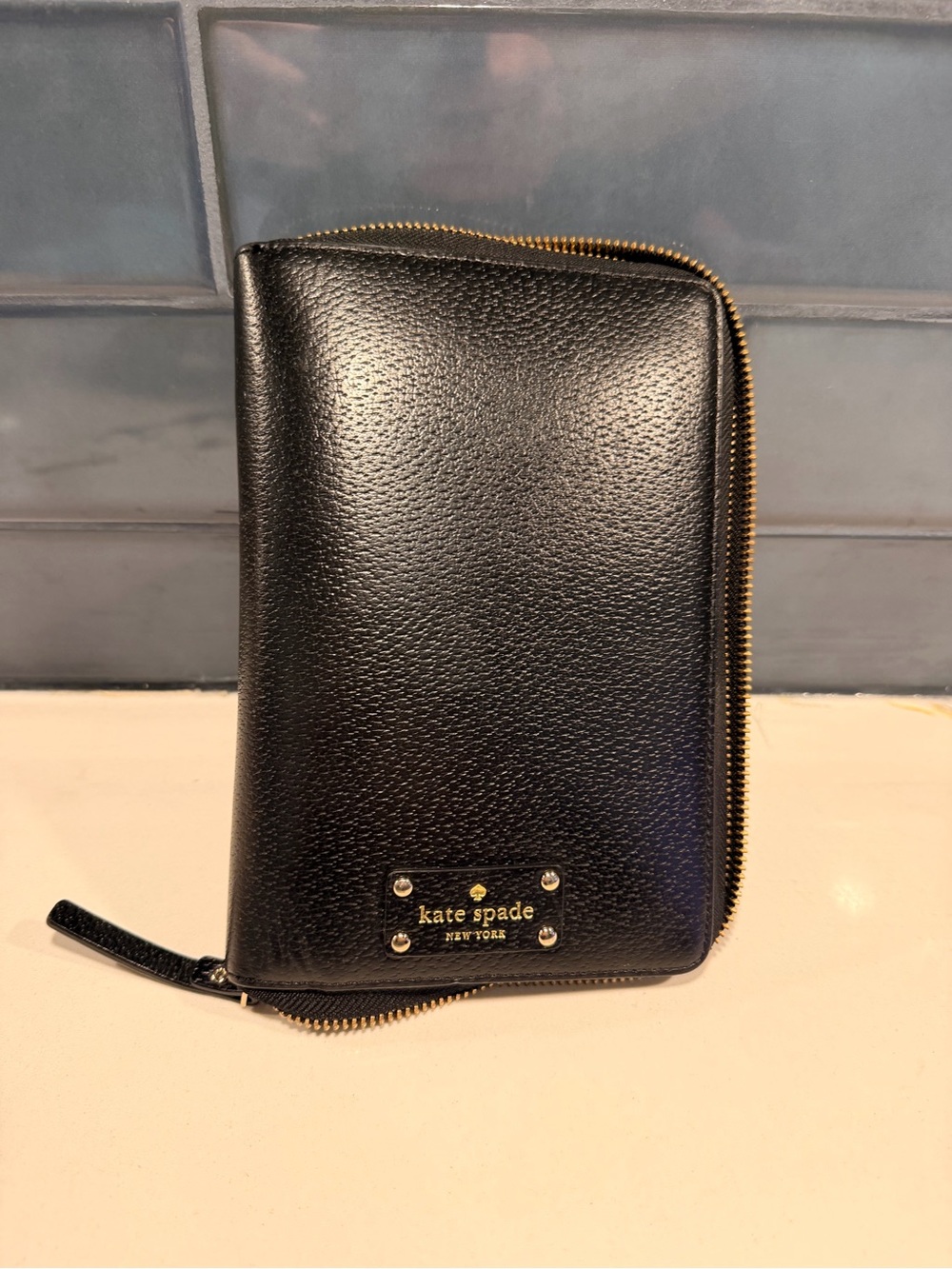 kate spade Black Pebbled Leather Zip Around Wallet with Gold Hardware